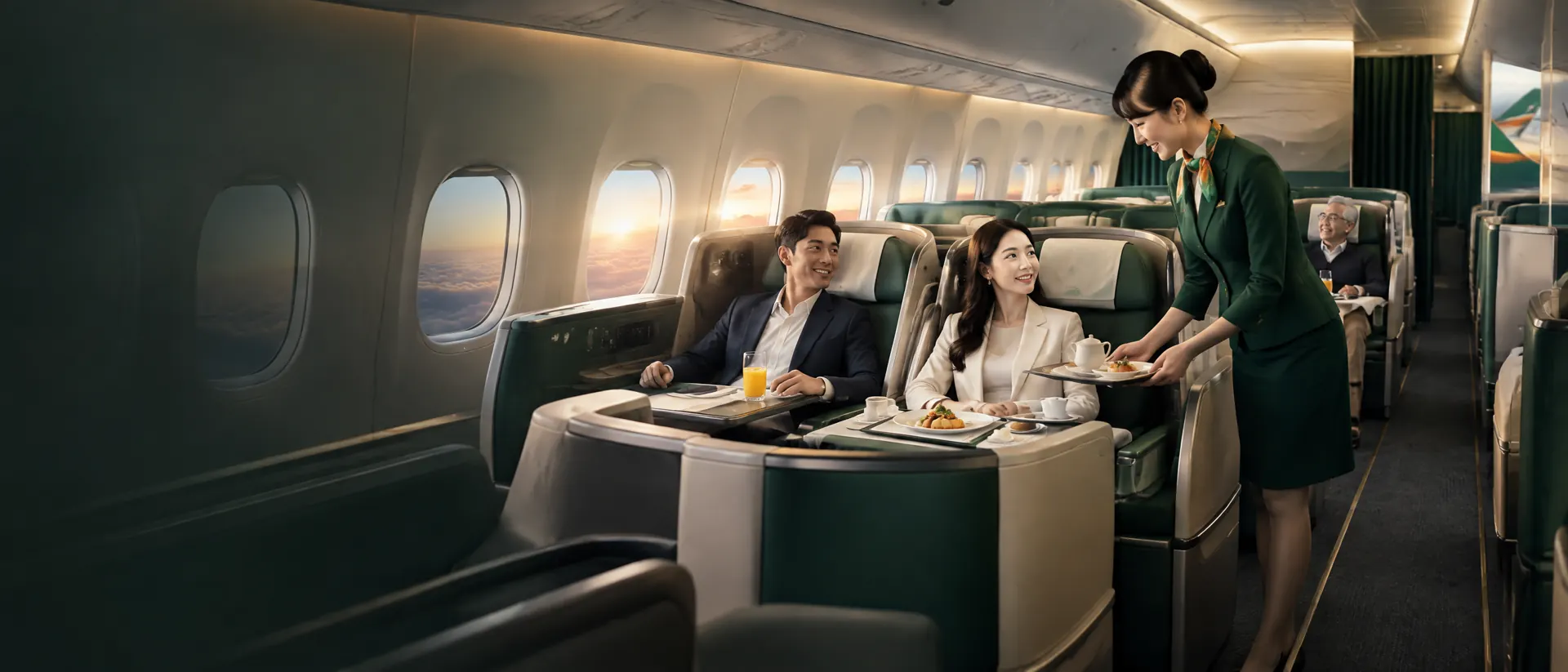 Khoang thương gia EVA Air sang trọng, hành khách thư giãn và tiếp viên phục vụ chu đáo