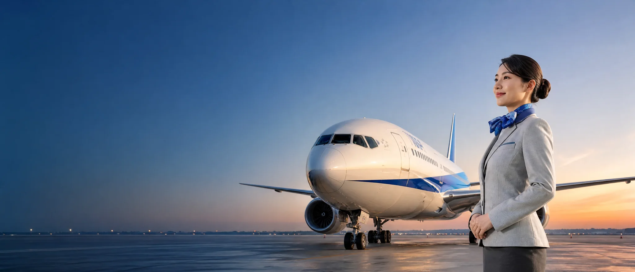 Máy bay và tiếp viên tại sân bay quốc tế cho hành trình ANA (All Nippon Airways) đi Mỹ