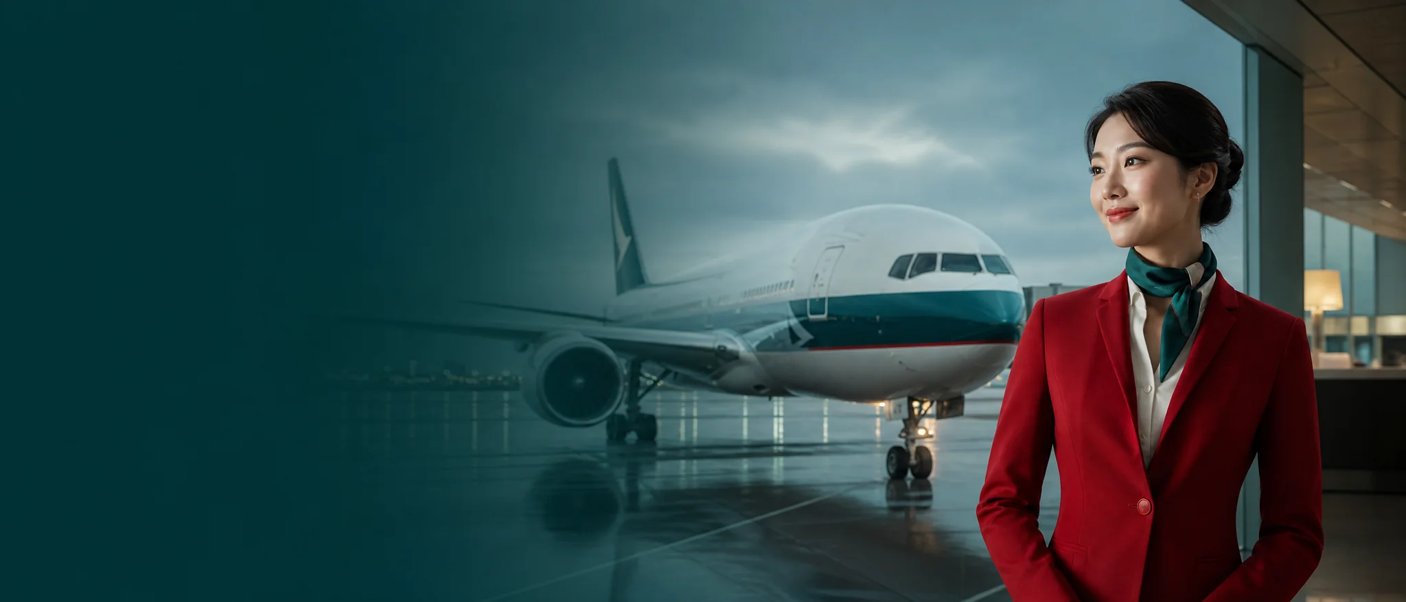 Máy bay và tiếp viên tại sân bay quốc tế cho hành trình Cathay Pacific đi Mỹ