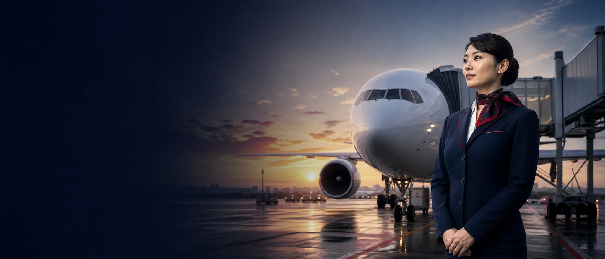Máy bay và tiếp viên tại sân bay quốc tế cho hành trình JAL (Japan Airlines) đi Mỹ
