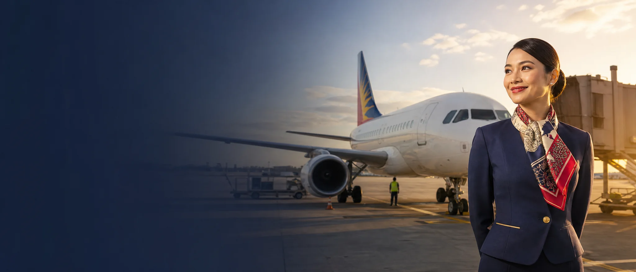 Máy bay và tiếp viên tại sân bay quốc tế cho hành trình Philippine Airlines đi Mỹ