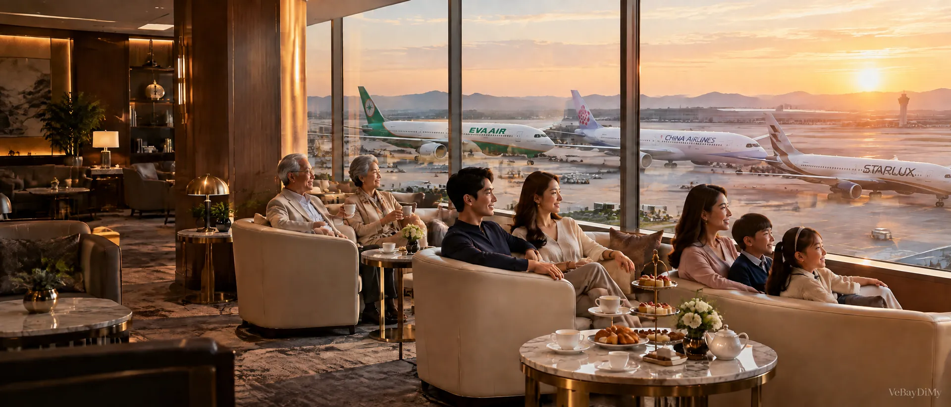 Gia đình nhiều thế hệ thư giãn trong phòng chờ VIP, nhìn qua cửa kính ra máy bay EVA Air, China Airlines và STARLUX